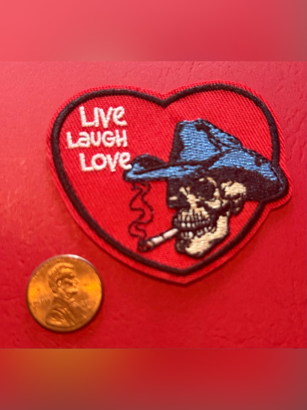Embroidered 'Live Laugh Love' Heart Skull Patch in Red and Blue
